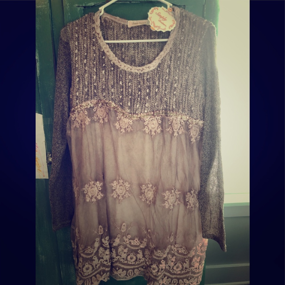 Mauve lace and silk knit Boho mini dress sz. Sm